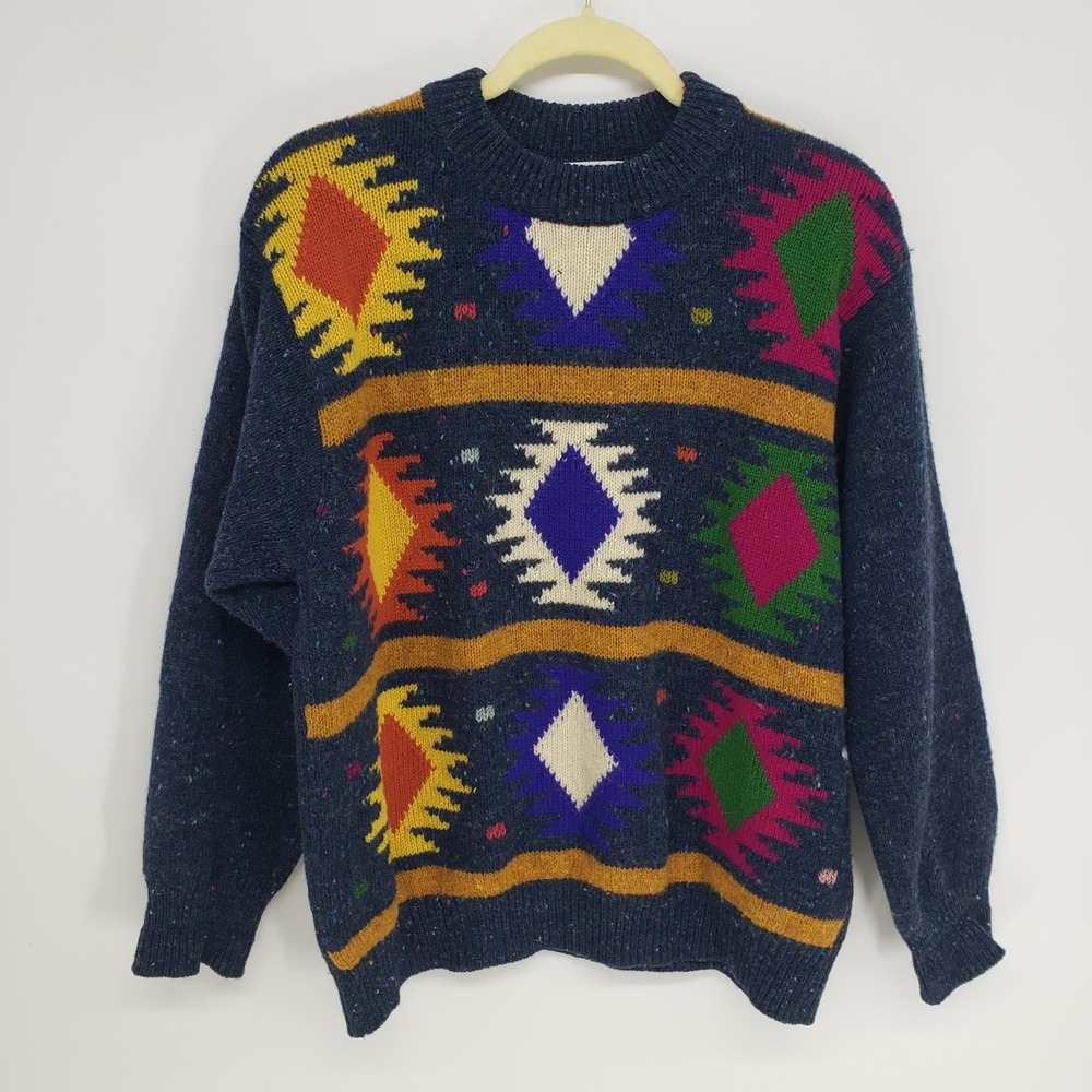 Vintage 90s United Colors of Benetton Geometric Wool Sweater Womens L Navy Blue